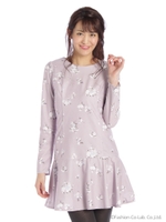 ベロアフラワープリント裾切替ワンピース/ピンク