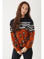 【1/5までNEWYEARSALE価格】【AZUL by moussy】起毛レオパードジャカード長袖ニットプルオーバー/柄ORG
