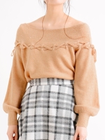 レースアップオフショルニット/L/グレー