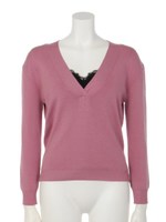 レースキャミ付深Vニット/濃ピンク