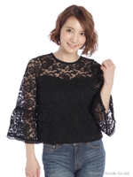 袖フレア-レース切替プルオーバー/オフホワイト