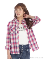 ロゴT付きWポケットチェックシャツ/ピンク