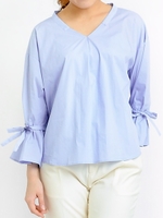 フレアーリボンスリーブVネックブラウス/オフ/柄