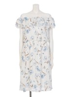 ラッフルネックオフショル花柄ワンピ/ネイビー