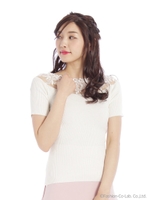 レースリブ半袖TOPS/ブラック