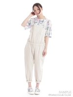 さんかくレース刺繍デニムサロペット/生成