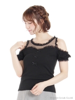 チュール切り替え肩あきテレコTOPS/ブラック