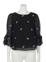 フラワーエンブロ袖リボンブラウス/ブラック