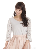袖レースＶネックニット/ライトグレー