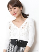 ６分袖刺繍リブカーディガン/ブラック