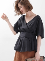 コットン刺繍リボンベルトブラウス/オフホワイト