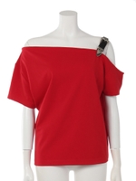 ショルダーバックルオフショルトップス/レッド