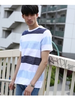 ヘリンボンボーダー ワイドピッチTシャツ/ライトブルー(391)