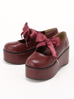 サテンリボン厚底シューズ/ボルドー