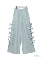 サイドリボンヒッコリーワイドパンツ/ブルー