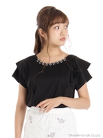 ビジュー付き重ねフリル袖トップス/ピンク