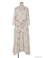 カラーフラワー刺繍ガウンワンピ/カーキ