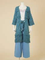 ボリュームフリンジロングカーデ/グリーン