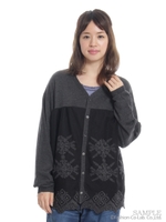 メッシュフォークロア刺繍MIXニットカーディガン/チャコール