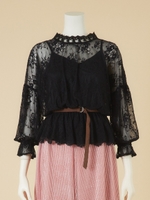 ベルト付きフラワーレースブラウス/ブラック