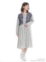 起毛ストライプ×フラワーレースMIXワンピース/ブラック