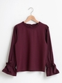 袖口リボン異素材プルオーバー/ボルドー