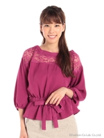 レース切替ペプラムブラウス/ピンク