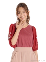 袖チュール刺繍七分袖プルオーバーカットソー/ピンク