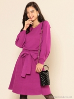 ウエストリボンニットフレアワンピース/ピンク