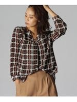 [L]〔洗える〕チェックVネック七分袖ブラウス/ボルドー(864)