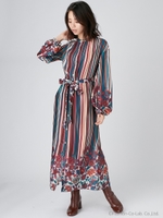 【La】ストライプフラワーロングガウン/レッド