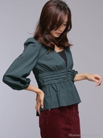 ハイショルダーVネックブラウス/レッド