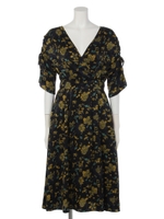 花柄ドロストスリーブカシュクールフレアワンピース/ブラック