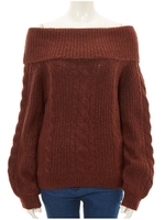 ケーブル編みオフショルニット/ブラウン