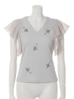 刺繍Vネック袖シフォンフリルテレコカットソープルオーバー/ライトグレー