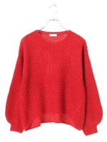 ワッフル柄ボリュームスリーブニットプルオーバー/レッド