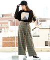 細ベルト付きチェックワイドパンツ