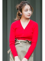 Vネックリブカーディガン/レッド(100)