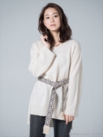 モヘア混ベルト付きチュニック丈ニットP/O/マスタード