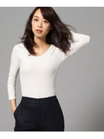 [L]【洗える】メリノオプティモ Uネックリブカットソー/オフホワイト(003)