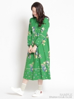 40/2天竺オリエンタルフラワープリントワンピース/グリーン