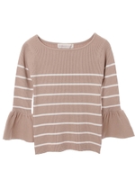 【ニット】ランダムボーダーフレアスリーブニット/ベージュ