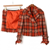 ダブルブレスト切りっぱなしウールチェックセットアップ 38 バーバリーブルーレーベル 76666 BURBERRY BLUE LABEL オレンジ レディース