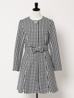 ピュアギンガムチェックLOVEリボンノーカラーコート/ライトブルー