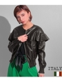 【Settimissimo】ITALY フリルデザインエコレザーブルゾン/ブラック(027)
