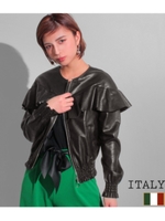 【Settimissimo】ITALY フリルデザインエコレザーブルゾン/ブラック(027)