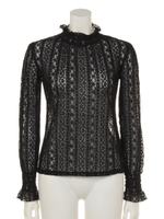 【F&A】ストライプレースハイネックトップス/BLACK