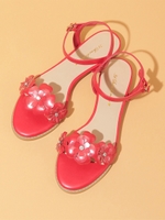 【サンダル】クリア花モチーフフラットサンダル/レッド