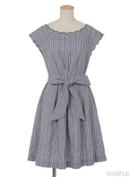 レースMIXギンガムワンピ/紺