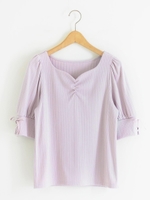 ハートネック5分袖リブトップス/ブラック